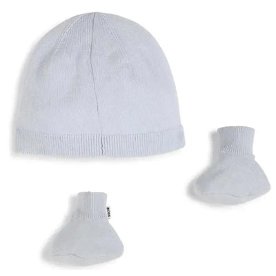 Light blue knit hat and matching booties set for babies, featuring ribbed cuffs and a simple design.