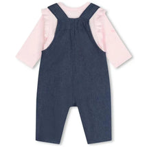 Long sleeve pink tee with ruffled sleeves paired with denim overalls, part of the Hugo Boss Baby set.