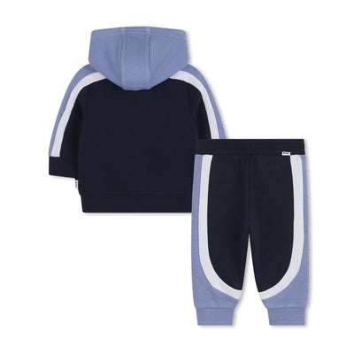 Navy jogging pants and hooded jogging cardigan set for babies, featuring a light blue hood and contrasting white stripes.