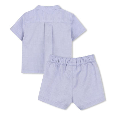 Blue short-sleeve shirt with back pleat and matching shorts, designed for babies by Hugo Boss.