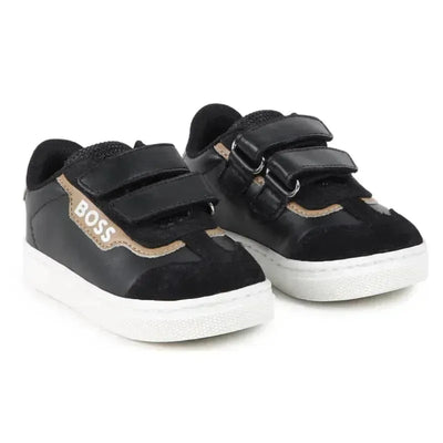 Hugo Boss Baby black leather and mesh sneakers with double Velcro straps and white soles.