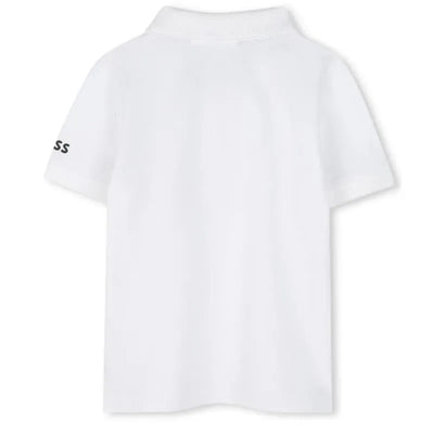 White short sleeve polo shirt for babies by Hugo Boss, featuring a logo on the left sleeve.