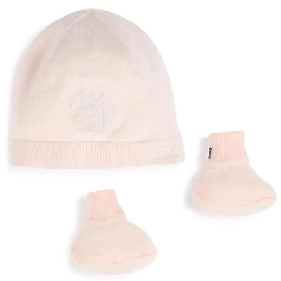 Pink knit hat and booties set from Hugo Boss, featuring embroidered logo and soft fabric for comfort.