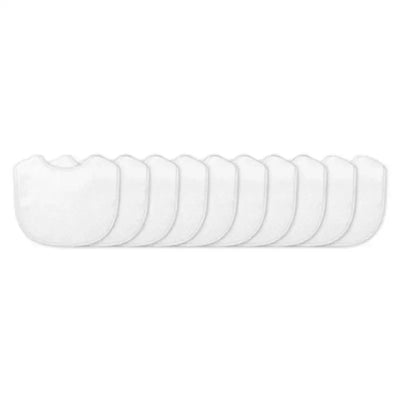 Stay-Dry bibs in white, showcasing a 10-pack, with each bib designed to keep babies clean and dry during mealtime.
