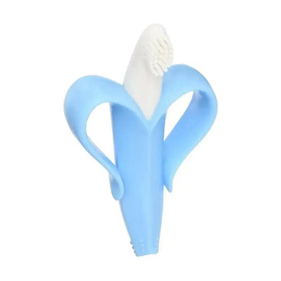 Blue banana-shaped infant toothbrush with soft bristles for gentle teeth cleaning.