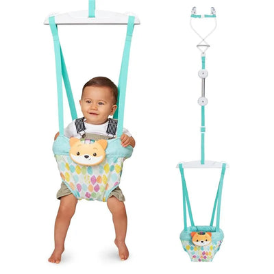 Infantino 2-In-1 Music & Lights Doorway Jumper with a smiling baby and a fox-themed seat, featuring colorful patterns and adjustable straps.