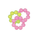 Three colorful water-filled teethers in pink and lime green, designed for soothing infants during teething.