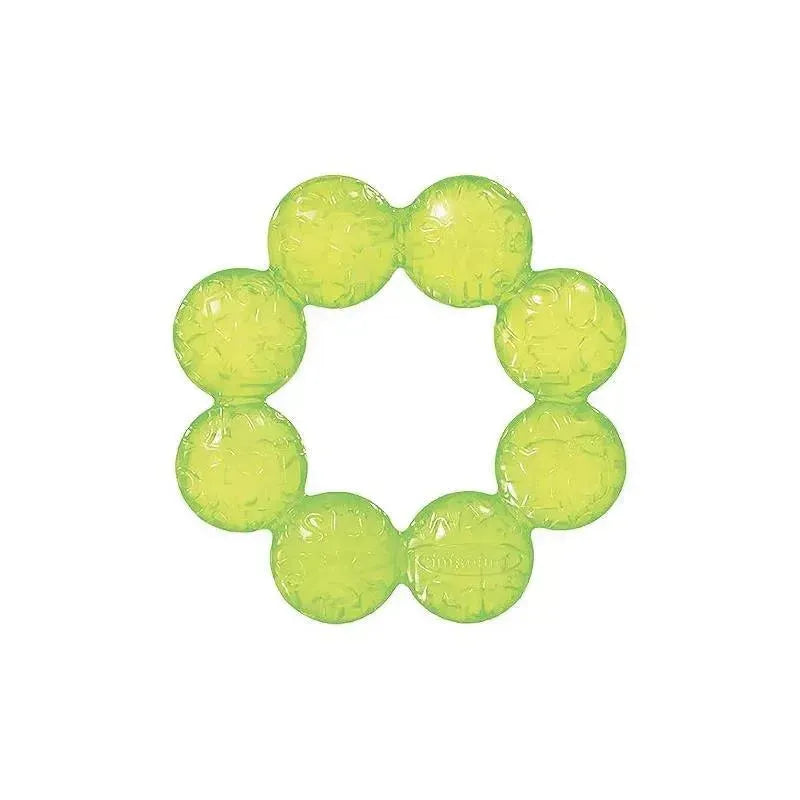 Three-pack of Infantino water teethers in pink and lime colors, designed for soothing babies during teething.
