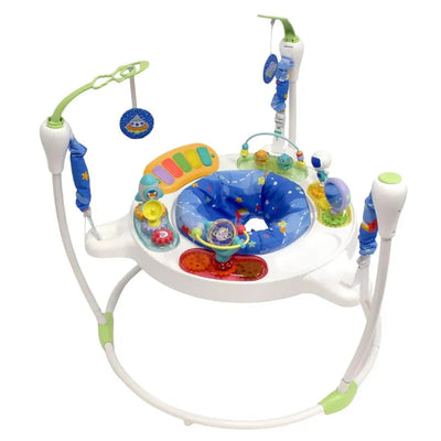 Infantino 360 Magic Motion 4-In-1 Activity Center features a colorful design with interactive toys, a plush seat, and adjustable height.