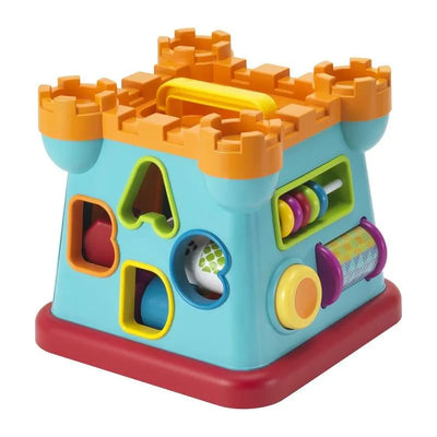 Colorful activity castle shape sorter with cut-out shapes, a handle, and interactive features for toddlers.