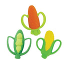 Infantino Farmers Market Teether Gift Set featuring three colorful vegetable-shaped teethers: corn, pea pod, and carrot.
