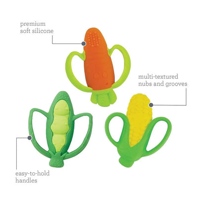 Farmers Market teether set featuring three colorful silicone teethers: corn, pea pod, and carrot, designed for easy gripping.