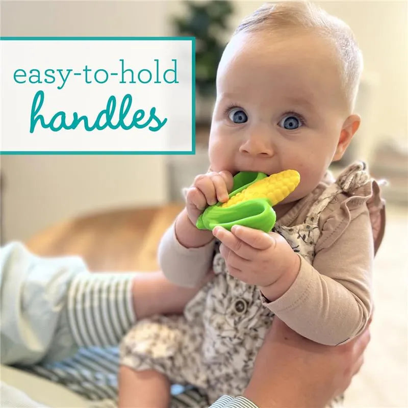 Infantino Farmers Market Teether Gift Set featuring a baby with blue eyes holding a corn-shaped teether.