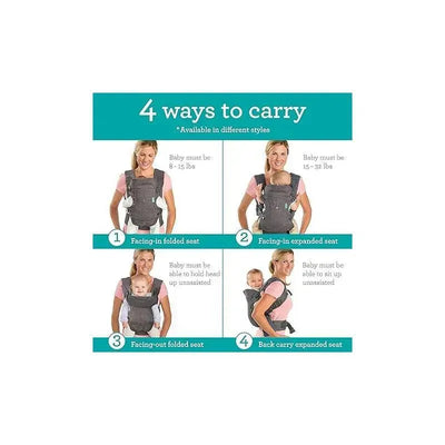 Infantino Flip 4-in-1 Convertible Carrier guide showing four carrying positions with instructions for baby weight limits.