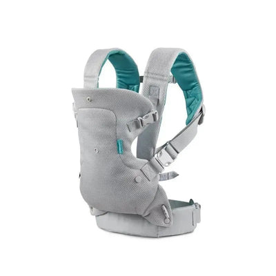 Teal-colored Infantino Flip 4-In-1 Light & Airy Convertible Carrier, featuring adjustable straps and breathable fabric.