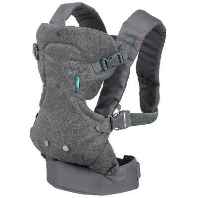 Infantino Flip Advanced 4-in-1 Convertible Carrier in light grey, featuring adjustable straps and secure buckles.