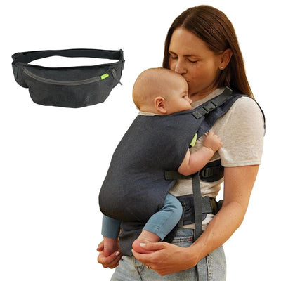 Infantino Fold & Go 2-In-1 Carrier with a woman gently kissing a baby held in front. A matching waist pouch is also shown.