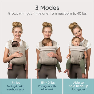 Infantino Honey Blossom Airy Baby Carrier in Moon Beam, showing a woman with children in three carrying modes.