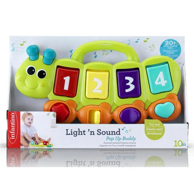 Colorful caterpillar toy with numbered buttons and musical features, designed for infants, in branded packaging.