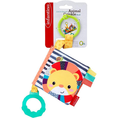 Infantino Link & Crinkle Animal Counting Book with colorful soft pages, a lion design, and a green attachment ring.