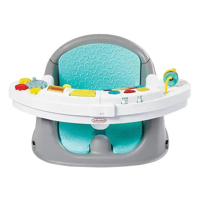 Infantino Music & Lights 3-In-1 Discovery Seat in gray and aqua, designed for infants with interactive play features.