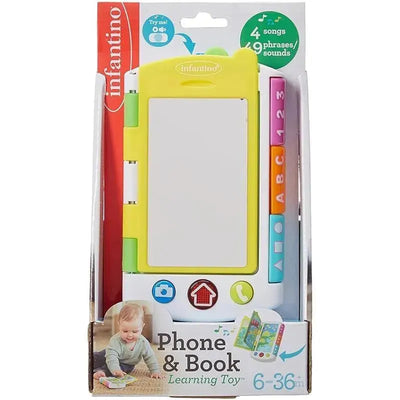 Infantino Phone & Book Learning Toy featuring colorful buttons, a blank screen, and playful graphics, suitable for ages 6-36 months.