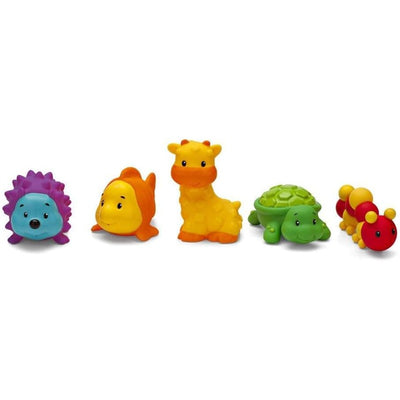 Colorful set of five baby toys: a hedgehog, fish, giraffe, turtle, and caterpillar, designed for sensory play.