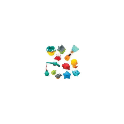Brightly colored Infantino Splish & Splash Bath Play Set for babies, featuring various aquatic-themed toys and accessories.