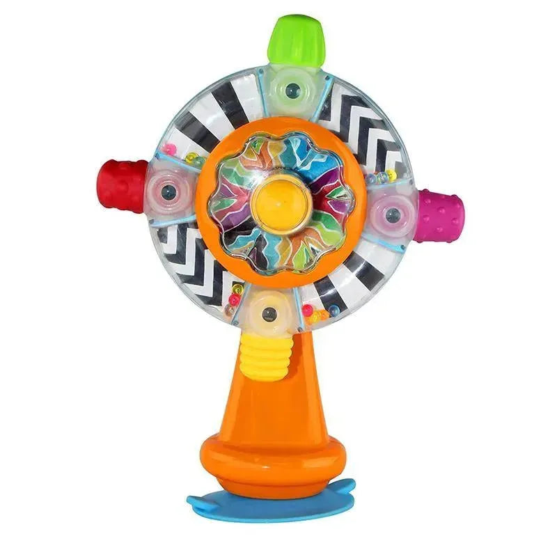 Multicolored Infantino Stick & See Spinwheel featuring a central spinning element, textured handles, and bright patterns.