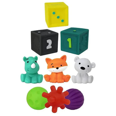 Infantino Tub of Toys 9Pk Set featuring colorful animal figures, soft balls, and number blocks for interactive play.