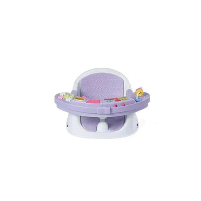 3-in-1 lavender infant seat and booster with a toy activity tray and padded backrest for comfort.
