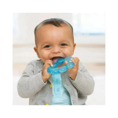 Infantino Wee Wild Ones Water Teether in aqua held by a smiling baby, wearing a gray cardigan and blue striped shirt.