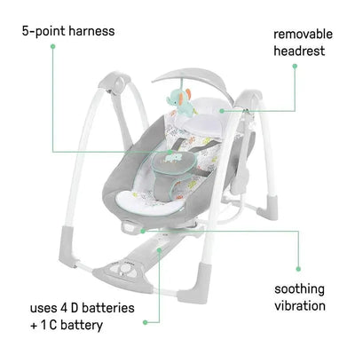 2-in-1 ConvertMe baby swing and infant seat features a 5-point harness, removable headrest, soothing vibrations, and requires 4 D batteries plus 1 C battery.