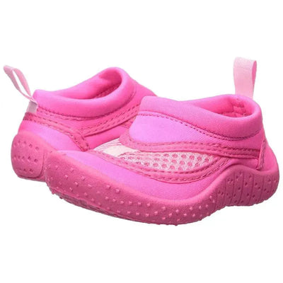 Baby and toddler water shoes in vibrant pink with a slip-on design and textured soles for traction.