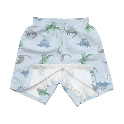 Light blue swim trunks featuring colorful dinosaur patterns, designed for easy changing with snap closures.