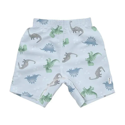 Light blue swim trunks with a dinosaur print in shades of green and gray, featuring an elastic waistband.