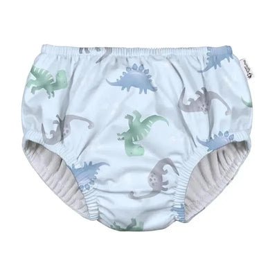 Light blue pull-up swim diaper featuring various dinosaur patterns in green and grey colors.