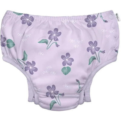 Light lavender swim diaper featuring a floral design with purple violets and green leaves, ideal for water activities.
