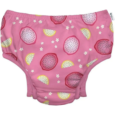 Pink swim diaper with dragon fruit and lemon prints, designed for babies and toddlers.
