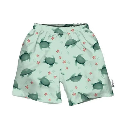 Light sage swim trunks with a turtle and starfish pattern, featuring a built-in swim diaper for young children.
