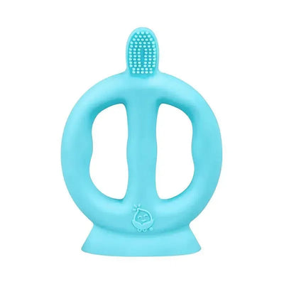 Learning toothbrush made of aqua silicone for babies aged 9-18 months, featuring a textured brush head and ergonomic design.