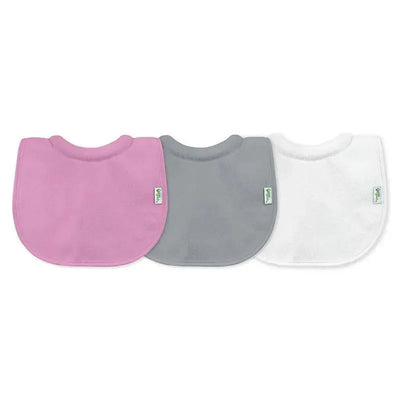 Three soft milk catcher bibs in pink, gray, and white, designed for keeping babies clean during feeding.
