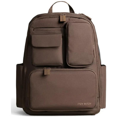 Mocha Itzy Ritzy Belong Utility Backpack with multiple exterior pockets and zippers for convenient storage.