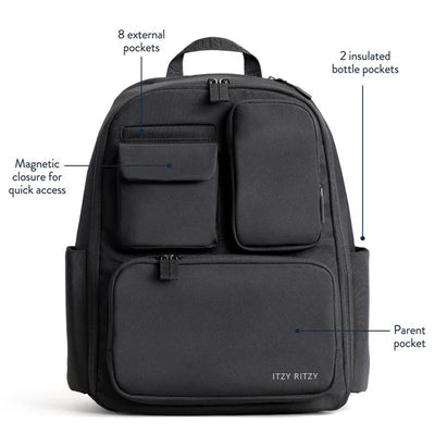 Mocha Itzy Ritzy Belong Utility Backpack featuring eight external pockets, two insulated bottle pockets, and a magnetic closure.