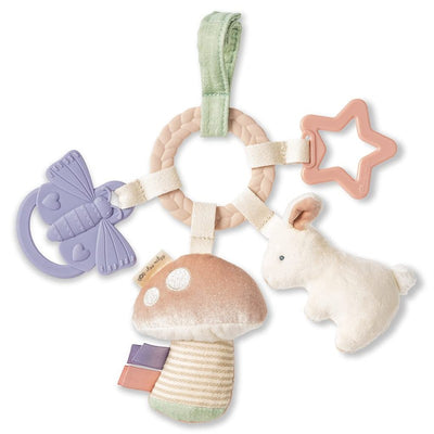 Bitzy Busy Ring teething activity toy featuring a bunny, mushroom, butterfly, and star shapes in soft colors.