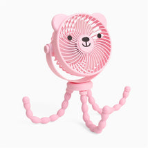 Pink bear-shaped stroller fan with adjustable legs for stability, featuring a smiling bear face and three-speed settings.