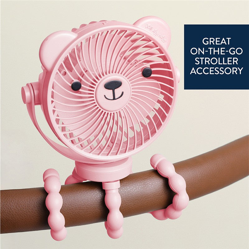 Pink bear-shaped stroller fan with adjustable attachment, designed for on-the-go use, featuring smiling face and three-speed settings.