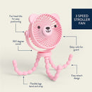Pink bear stroller fan with three speed settings, 360-degree swivel, flexible legs, and baby-safe guard.