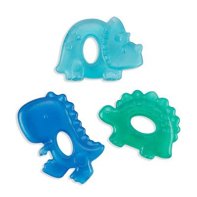 Colorful water-filled dinosaur teethers in blue and green, shaped like a triceratops, a T-Rex, and a stegosaurus.
