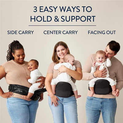 Hip Seat Baby Carrier displayed, showing three ways to hold babies: side carry, center carry, and facing out.